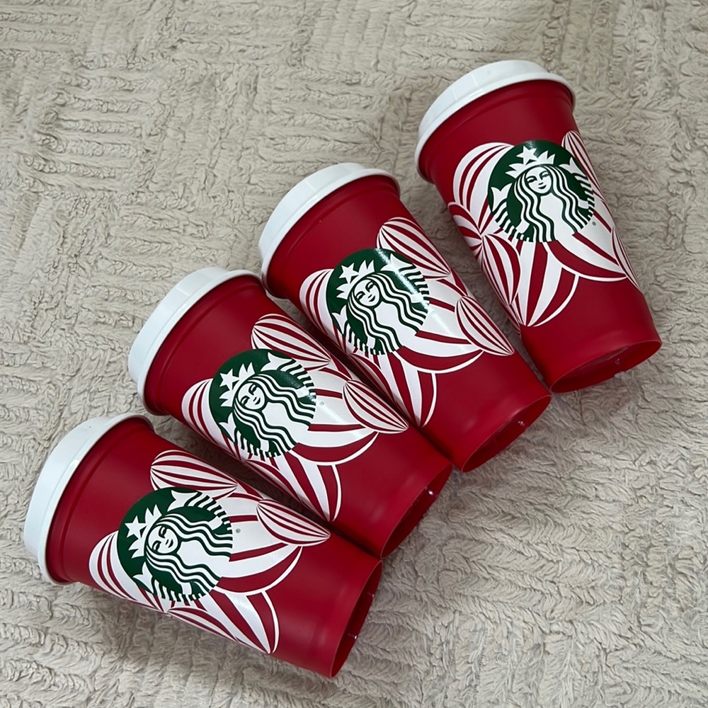 Bundle of 4 2024 Starbucks holiday reusable cups and lids, New condition